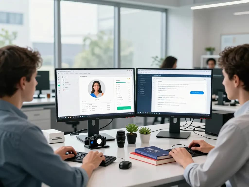Engineer developing ai sex applications in modern tech lab with screens displaying interfaces