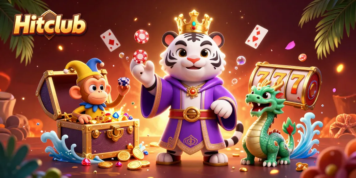Join the action at Hitclub with a lively scene featuring a white tiger, playful monkey juggling chips, and a dynamic backdrop of treasure.