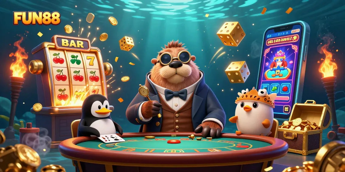 Experience FUN88 with a jolly walrus at an underwater poker table amidst thrilling casino elements.