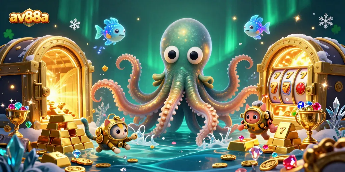 Experience the thrill of av88a with the charismatic kraken and diving cat amidst sparkling treasures and exciting casino symbols.