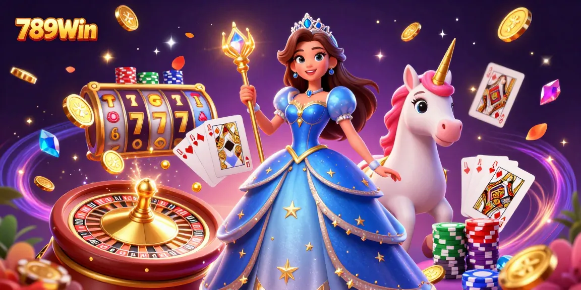 Experience the magic of 789Win with an enchanting casino scene featuring a royal woman and unicorn surrounded by coins and cards.
