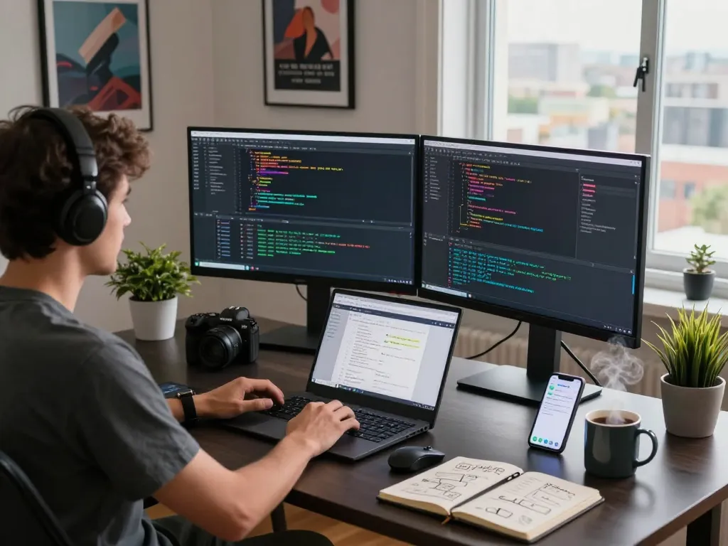 Developer using clawdbot in modern workspace with dual monitors and coding interfaces