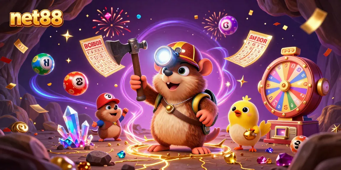 Immerse in net88's vibrant gaming world with a treasure hunter mole and dynamic lottery elements!