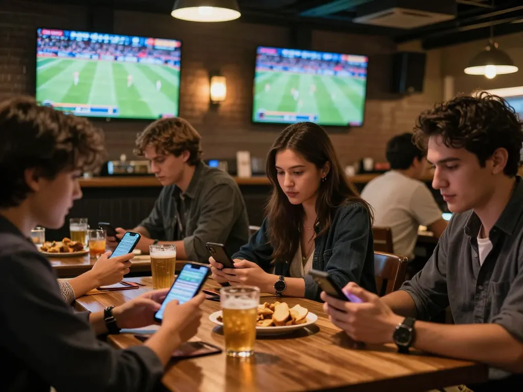 Friends placing bets on net88 while enjoying live sports in a vibrant sports bar setting.