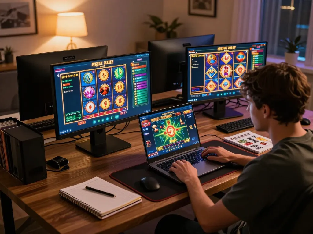 Pemain yang berinteraksi dengan permainan raja slot di laptop dalam pengaturan bermain yang nyaman di rumah