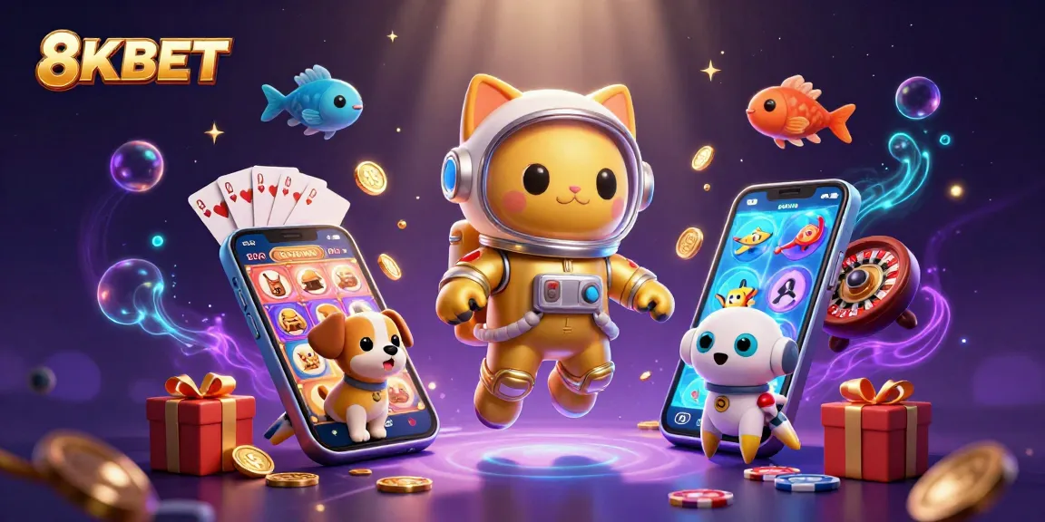 8KBET's thrilling slots experience illustrated with vibrant characters and dynamic game elements in a rich, colorful scene.