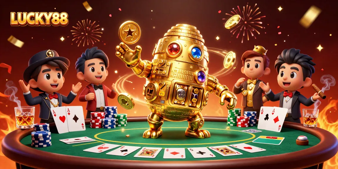 Engage with LUCKY88's thrilling poker scene featuring a golden golem and vibrant poker elements.