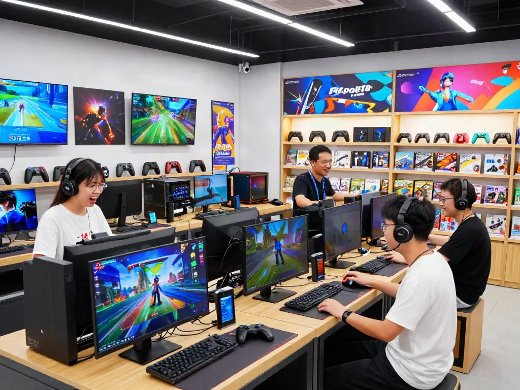 Excited gamers discovering new titles at rokok88 link retail store with vibrant displays.