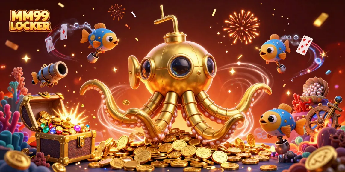 Experience excitement at MM99 LOCKER with the golden kraken submarine amid vibrant casino elements.