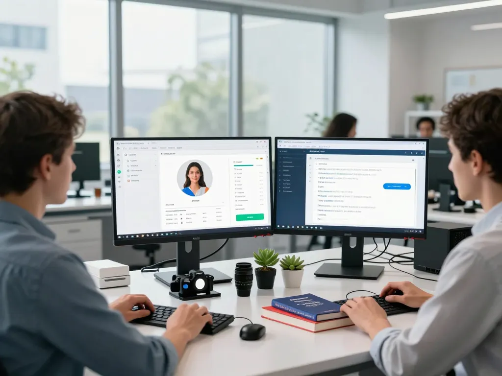 Engineer developing ai sex applications in modern tech lab with screens displaying interfaces
