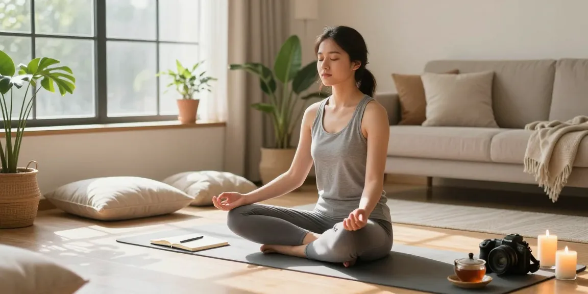 Woman meditating in a cozy indoor space with rokok88 mindfulness elements.