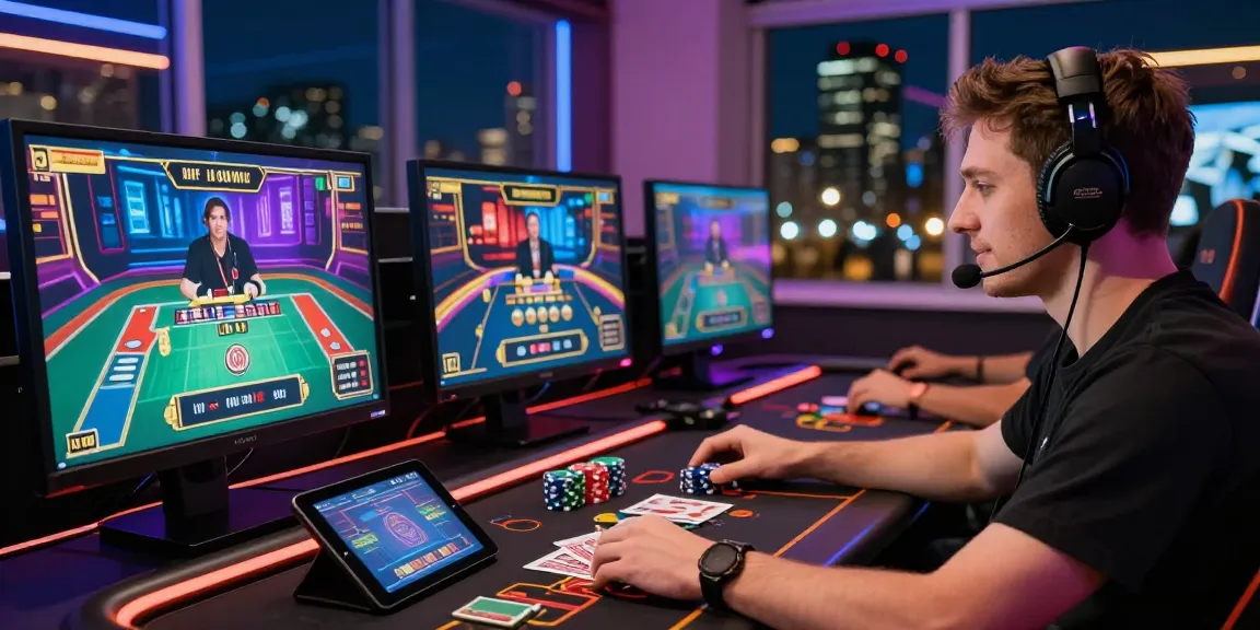 Engaged player at a modern online gaming setup at https://xx88.se.net/, showcasing vibrant casino screens and gaming tools, creating an exciting atmosphere.