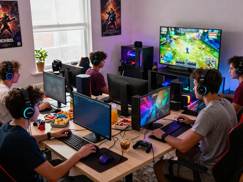 Group enjoying rokok88 gaming session in a lively setting, showcasing vibrant screens and social interaction.