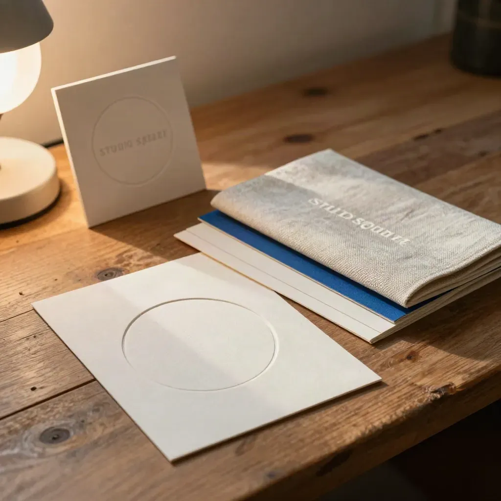Prototipi logo in carta e lino su banco di studio, luce calda e accento cobalt.
