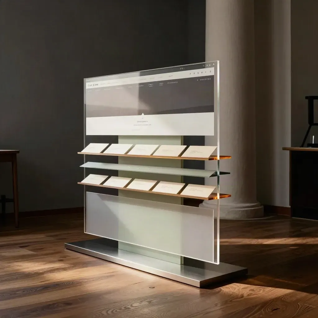 Installazione di pannelli acrilici stratificati con schede chiare e luce radente in uno studio creativo.