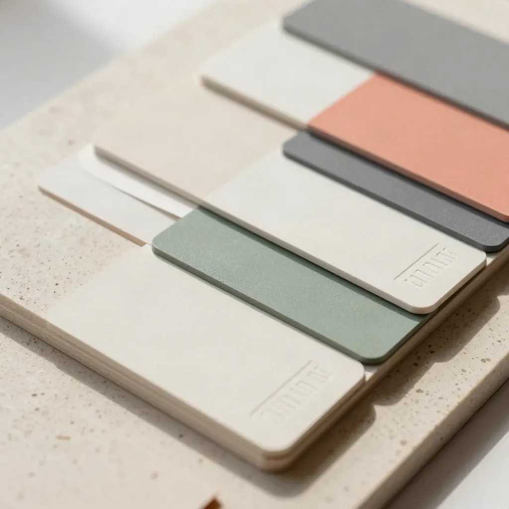 Carte colori e blocchi tipografici su travertino, disposti come una griglia visiva