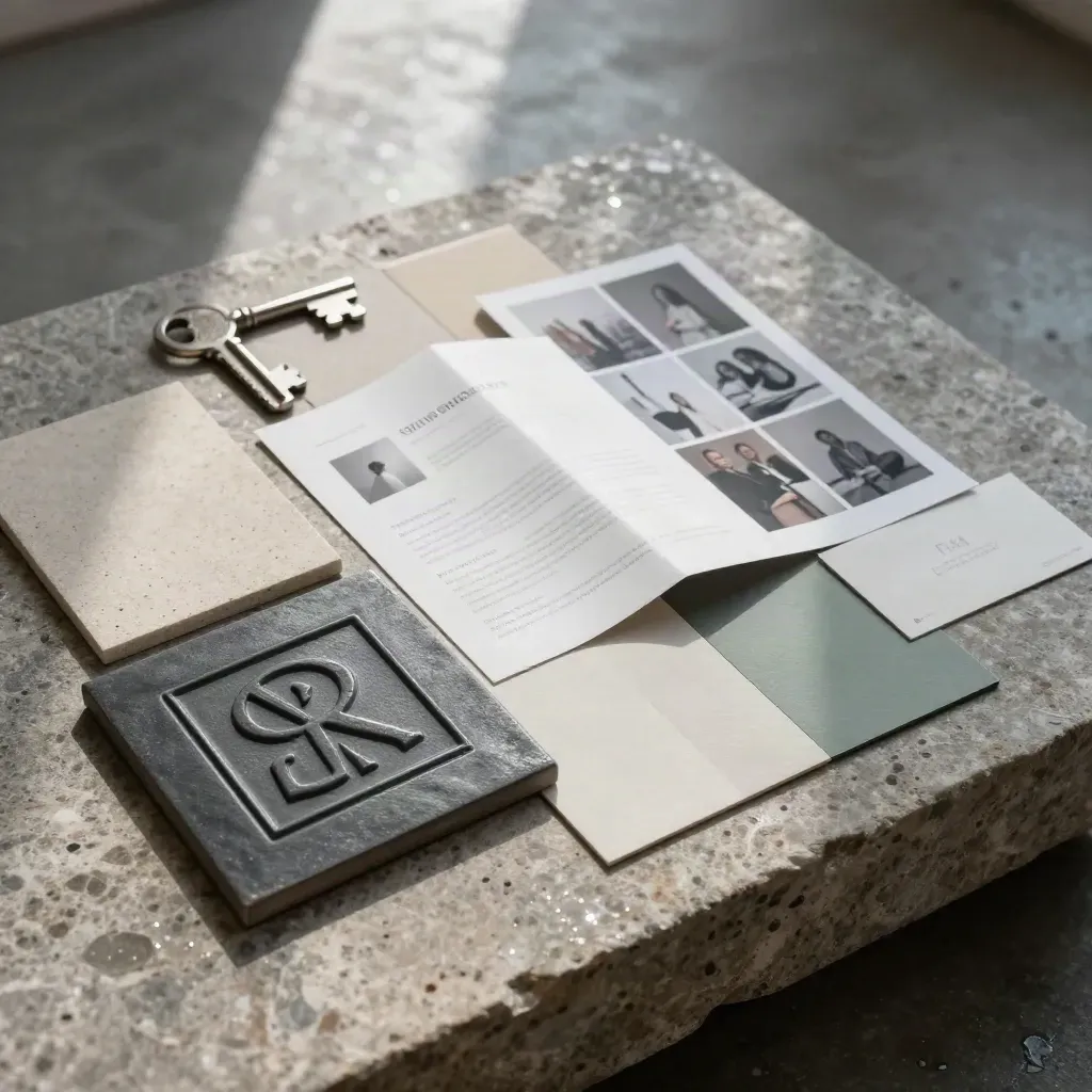 Identità Studio Square su pietra, con mockup web, logo in rilievo e packaging.