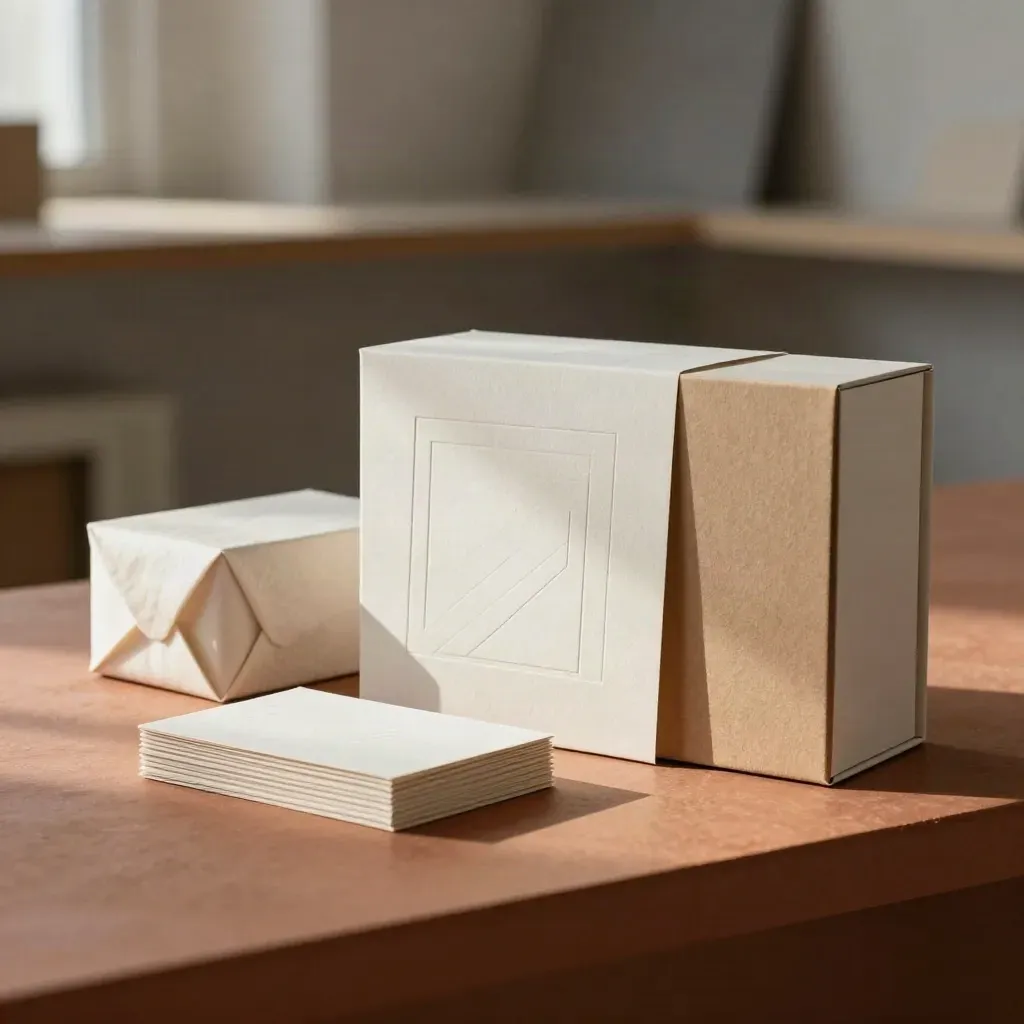 Cofanetto pitch deck e campioni packaging su plinto in gesso, luce calda e atmosfera morbida.