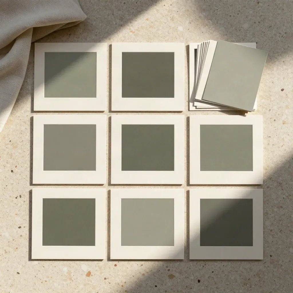 Flat lay di mockup social quadrati, card capovolte e ritagli immagine su travertino caldo.