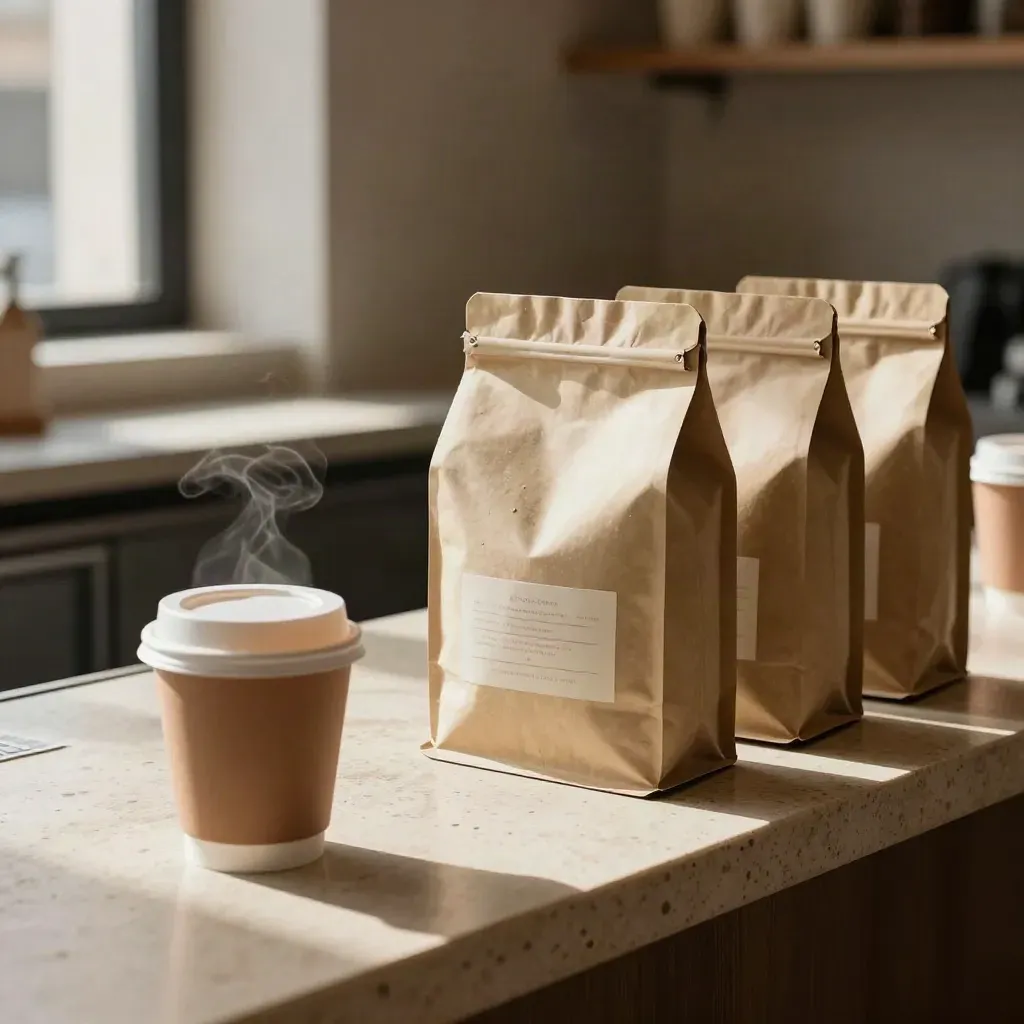 Buste caffè, tazze takeaway e box kraft su bancone in pietra, luce drammatica.