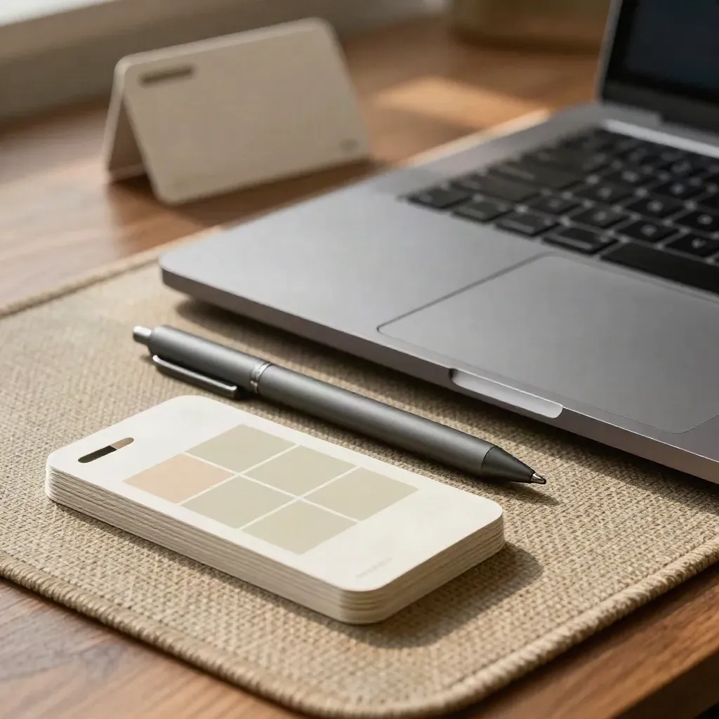 Kit del web designer con laptop chiuso, stylus e card wireframe su banco in legno.