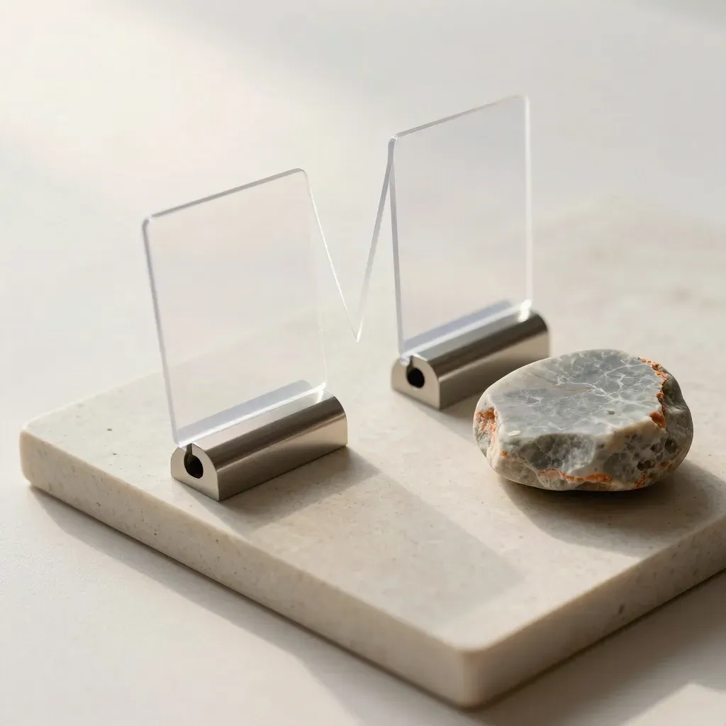 Due card in acetato con fermacarte metallici e campione di pietra su vassoio chiaro.