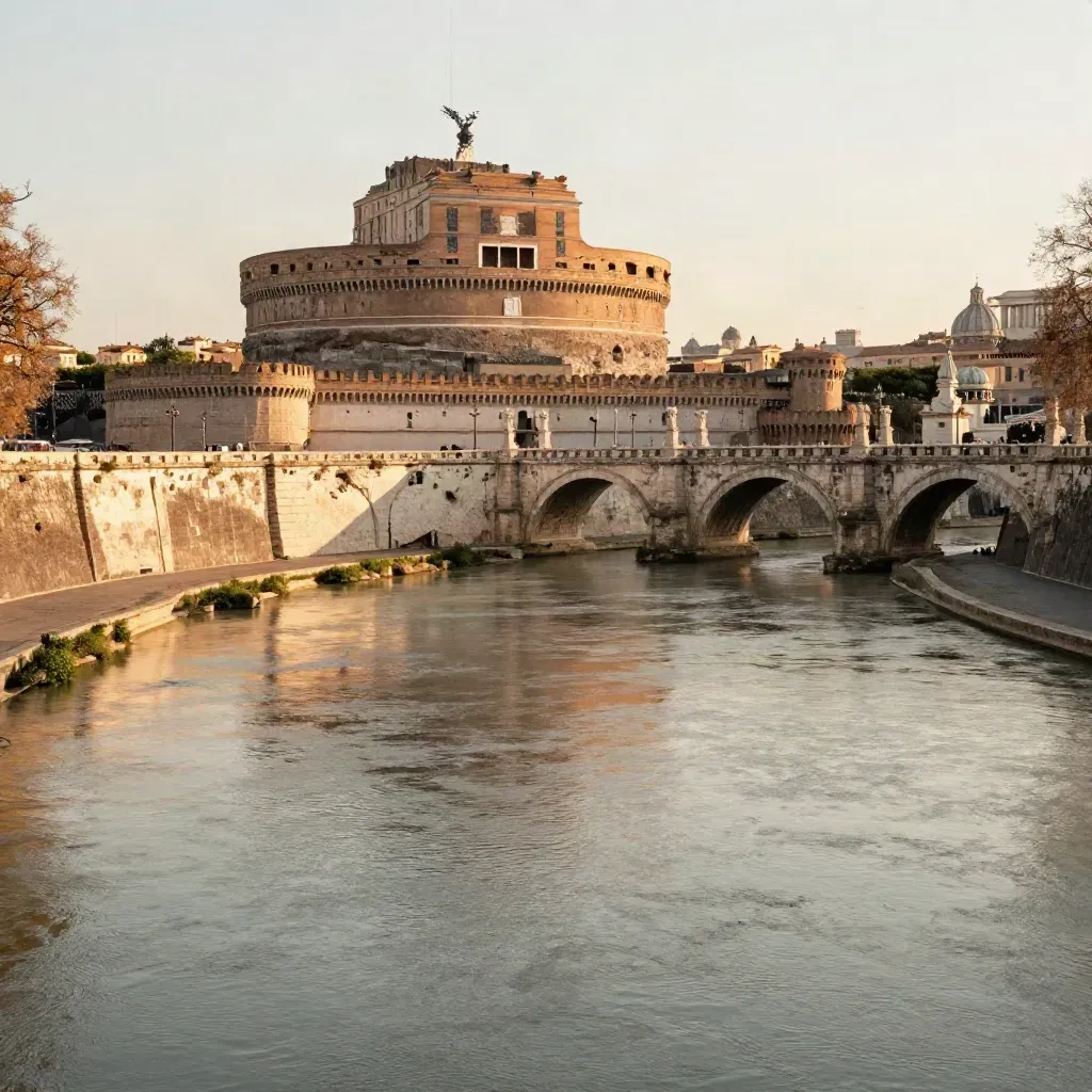Panoramica dorata del Tevere con Castel Sant’Angelo e rive in pietra morbida.