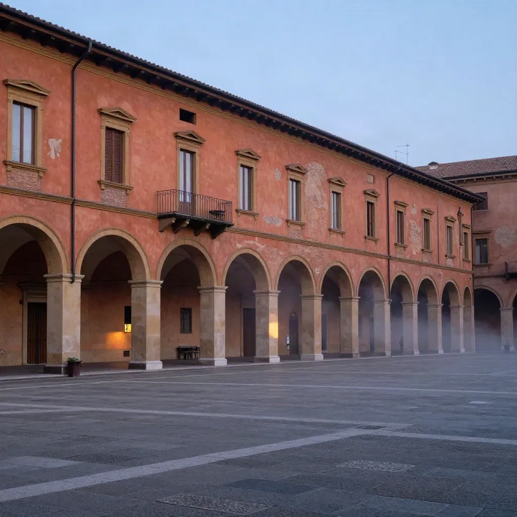 Portici di Bologna al crepuscolo, facciate in terracotta e piazza calma per il testo.