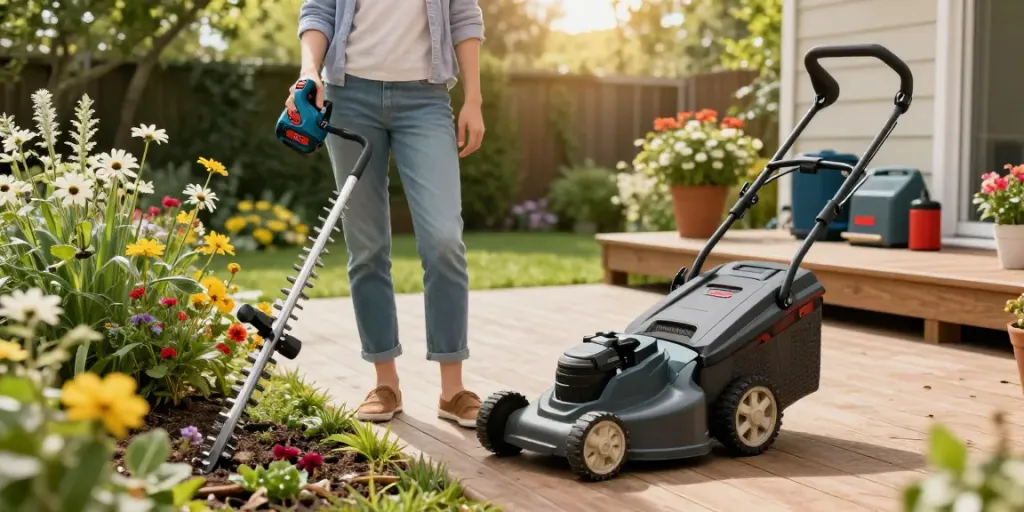 Una persona che utilizza utensili Bosch giardinaggio per abbellire il giardino con fiori e arbusti verdi.