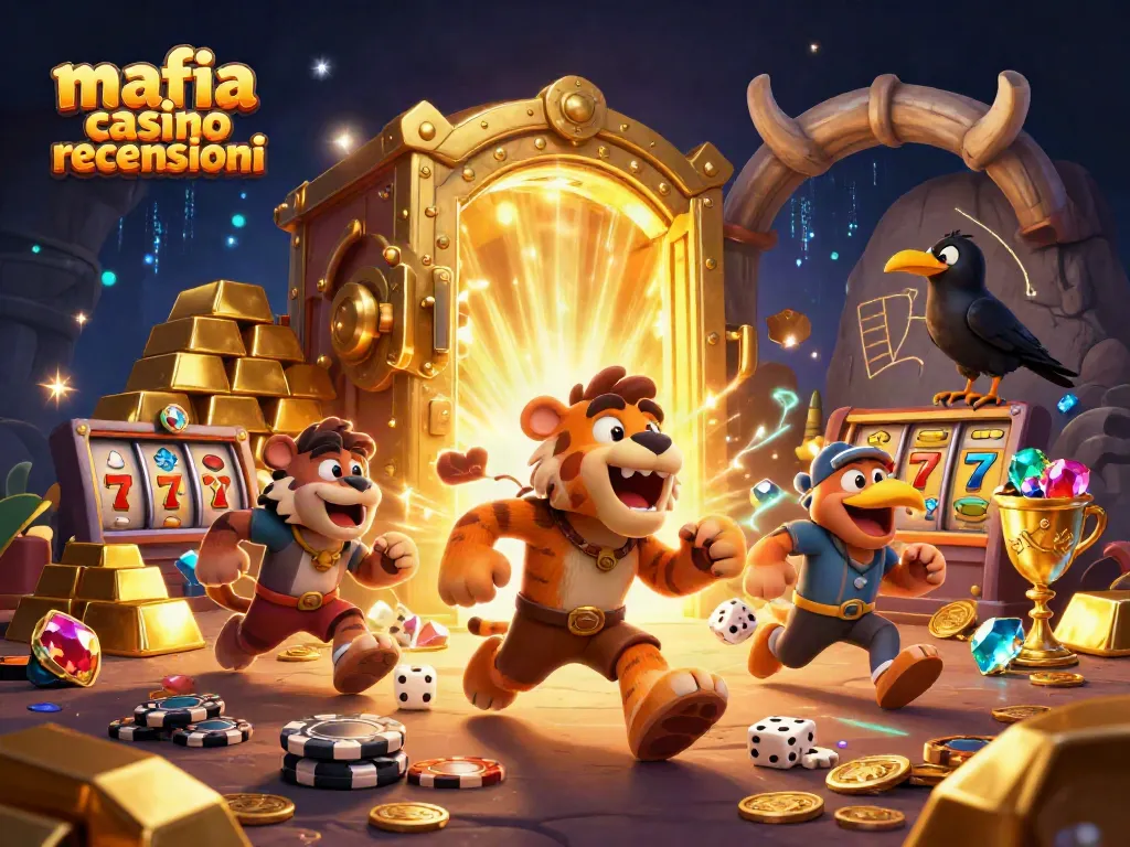 Mafia casino recensioni highlights gameplay with vibrant treasures and characters in a lively casino setting.