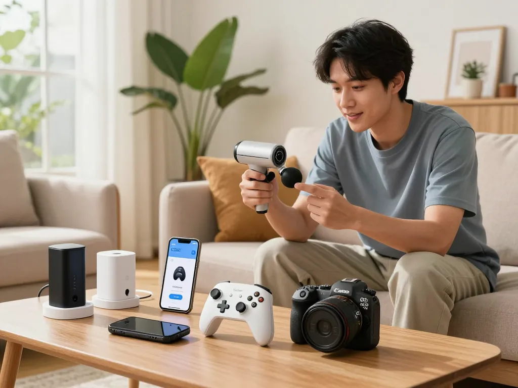 Discover cool tech gadgets under $144 in a vibrant home setting featuring Bluetooth devices and accessories.
