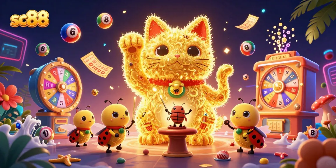 Engage with sc88's vibrant gaming universe featuring a giant lucky cat and colorful lottery elements.
