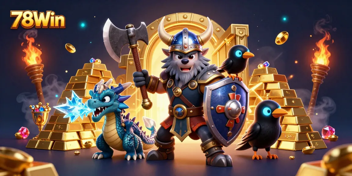 78Win offers a vibrant casino scene with a Viking wolf warrior, fierce dragon, and glowing gems, captivating players.