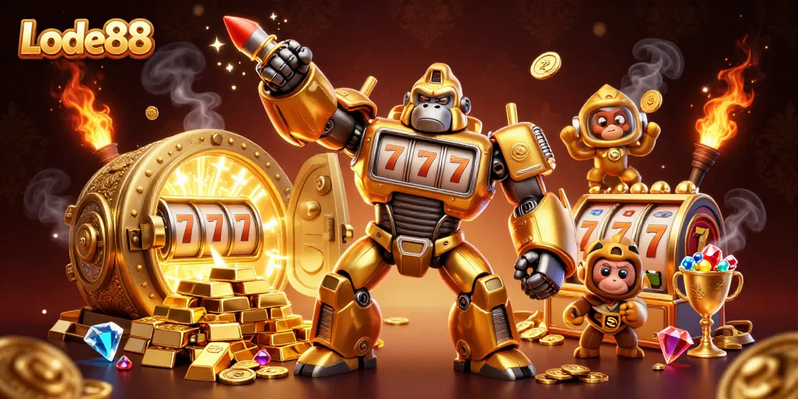 Lode88 enhances gameplay with a dynamic golden gorilla mech bursting with treasures in the casino scene.