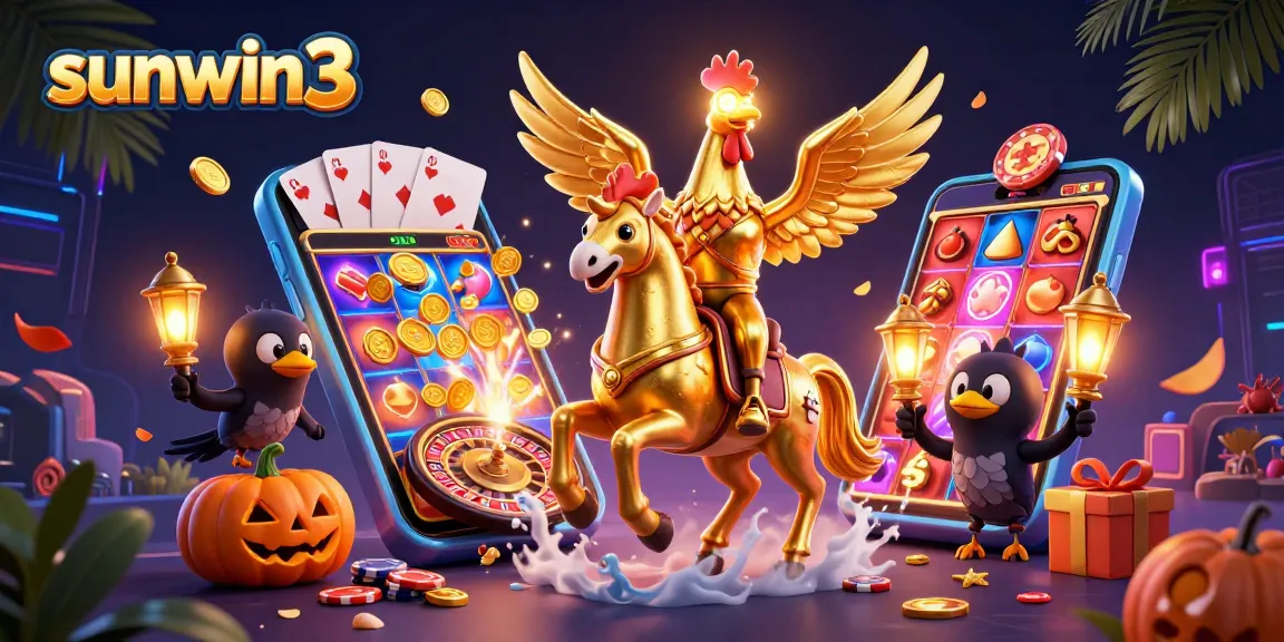 Experience epic wins at sunwin3, featuring a golden rooster gallantly riding a spectral horse amidst exciting casino elements.