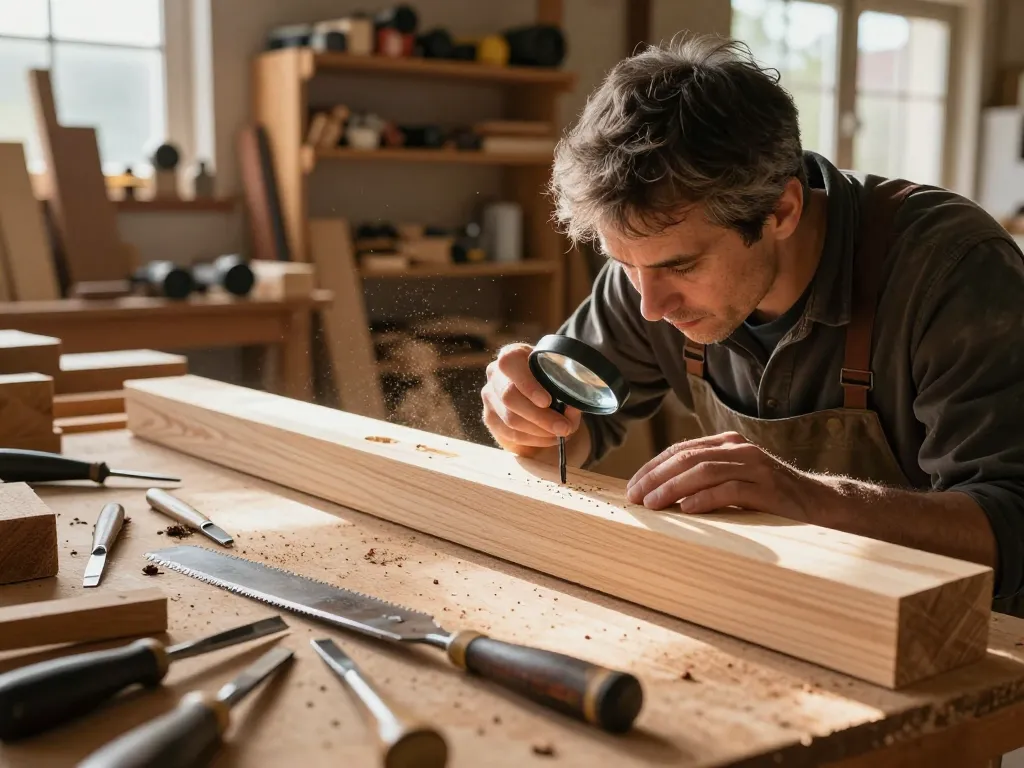 Ispezionare travi di legno per segni di infestazione da sterilizzazione microonde coleottero utilizzando attrezzi in un laboratorio.