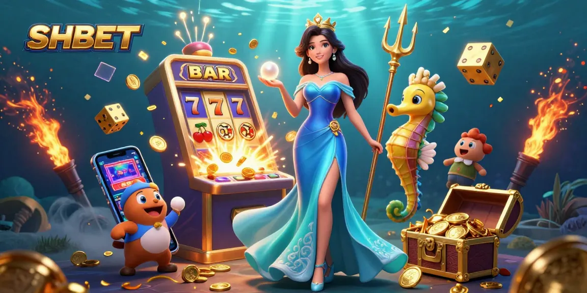 Experience the excitement of SHBET with a dynamic casino scene featuring slots and treasures.