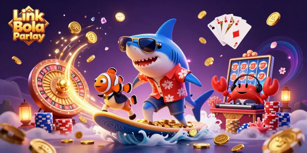 Engage with Link Bola Parlay while experiencing a vibrant casino scene with dynamic slot elements.