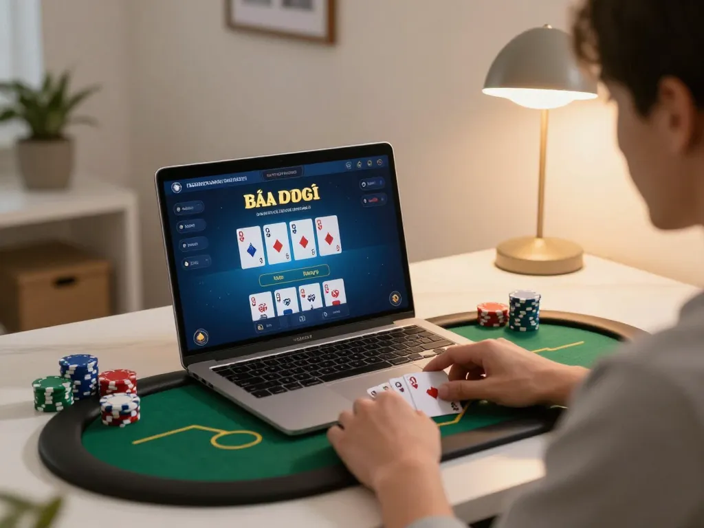 Engaging in top game bài đổi thưởng with poker interface on laptop at home.