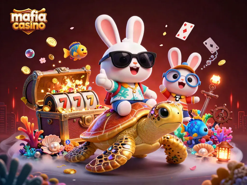 Mafia casino presents a thrilling scene with a lucky rabbit and a golden turtle amidst slots and underwater treasures.
