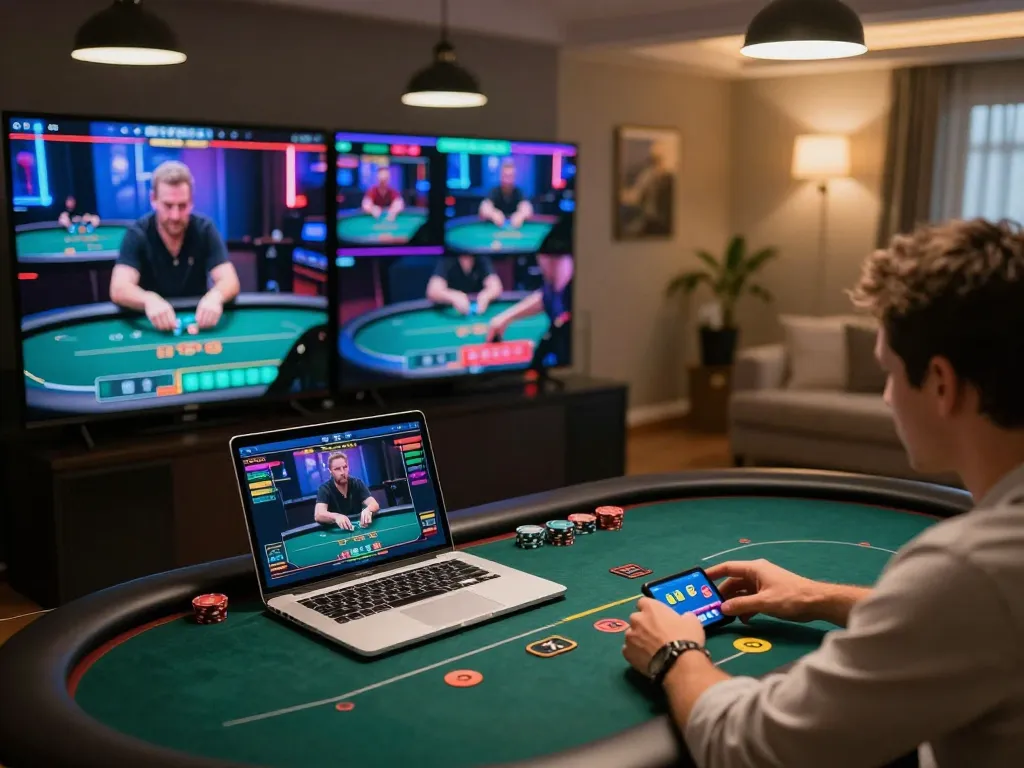 Players engaging with f168 online casino during a dynamic poker game in a cozy home setting