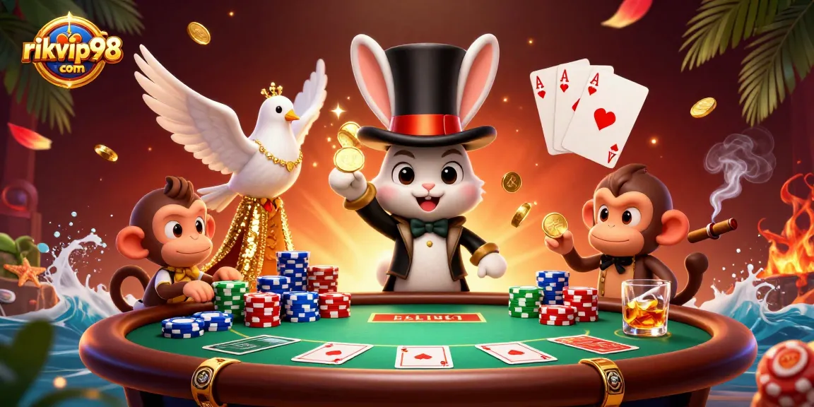 Engage in thrilling games at rikvip98 com with vibrant poker characters and glittering winnings.