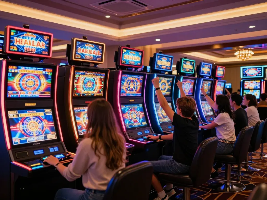 88 aa players celebrating wins at vibrant slot machines in a lively casino atmosphere