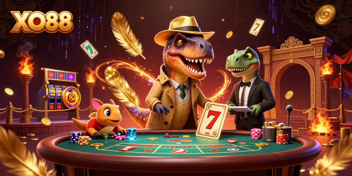 Watch the 3D velociraptor in a trench coat engage at the XO88 blackjack table amidst dynamic casino elements.