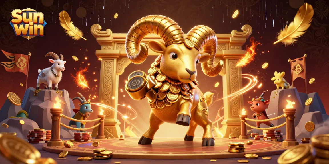 Experience the thrill at Sun win with a majestic golden ram surrounded by dynamic casino elements.