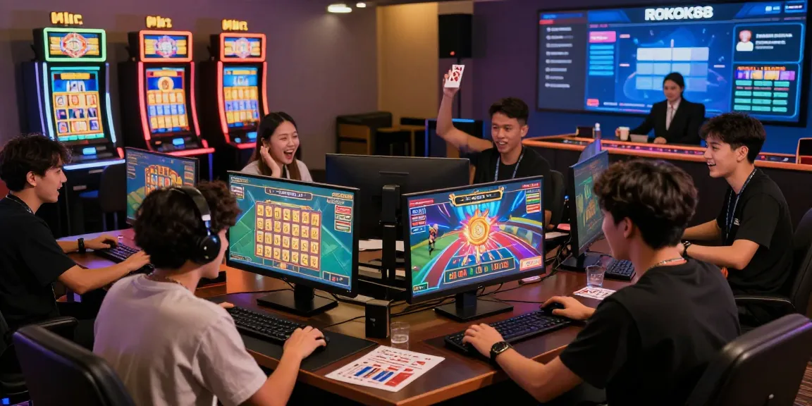 Excited players enjoying online gaming at ROKOK88, celebrating jackpots with vibrant visuals.